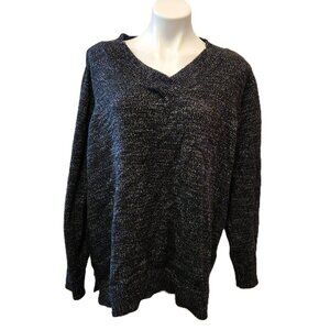 ❤️ 4/$20 Croft & Barrow knit sweater Women's 2X pullover V-neck black and white